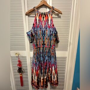 Vibrant Multicolor cold shoulder lined knee length dress size XL